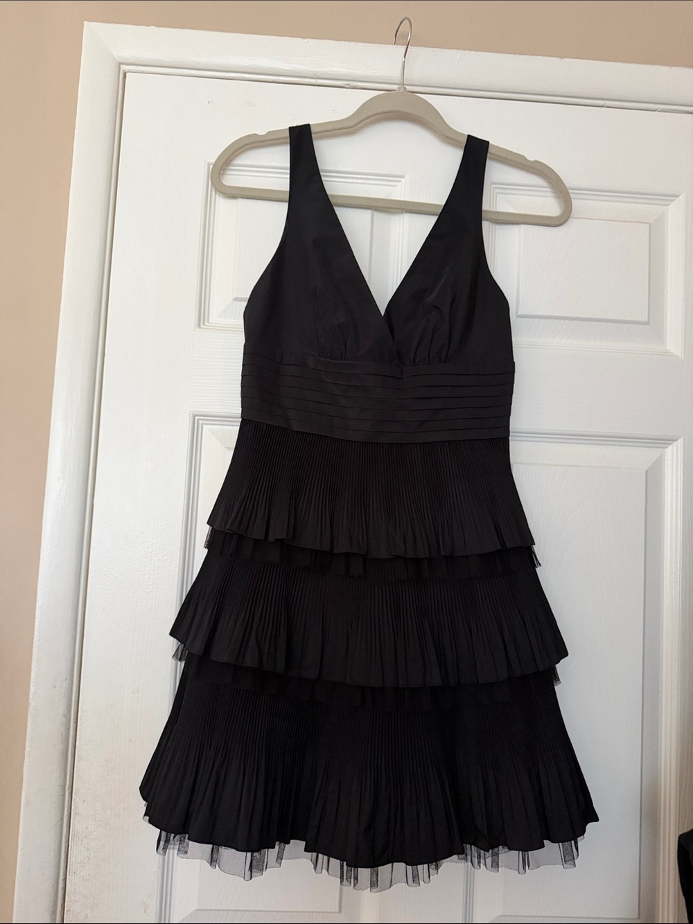 BCBGMaxAzria Black Pleated Tiered V-Neck Mini Dress